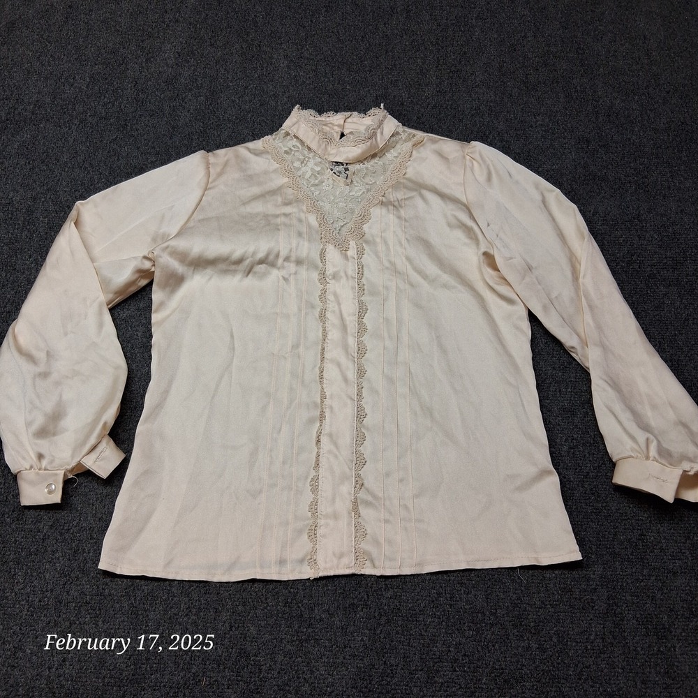Vintage Jani Originals Shirt Woman Size 8 Ivory Cottagecore Lace Satin Top